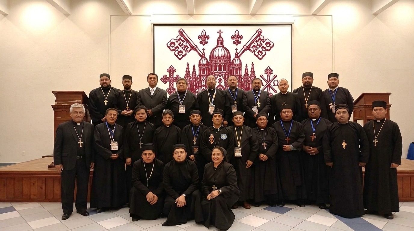 Clero de la ICAOP reunido ante el escudo de la Iglesia