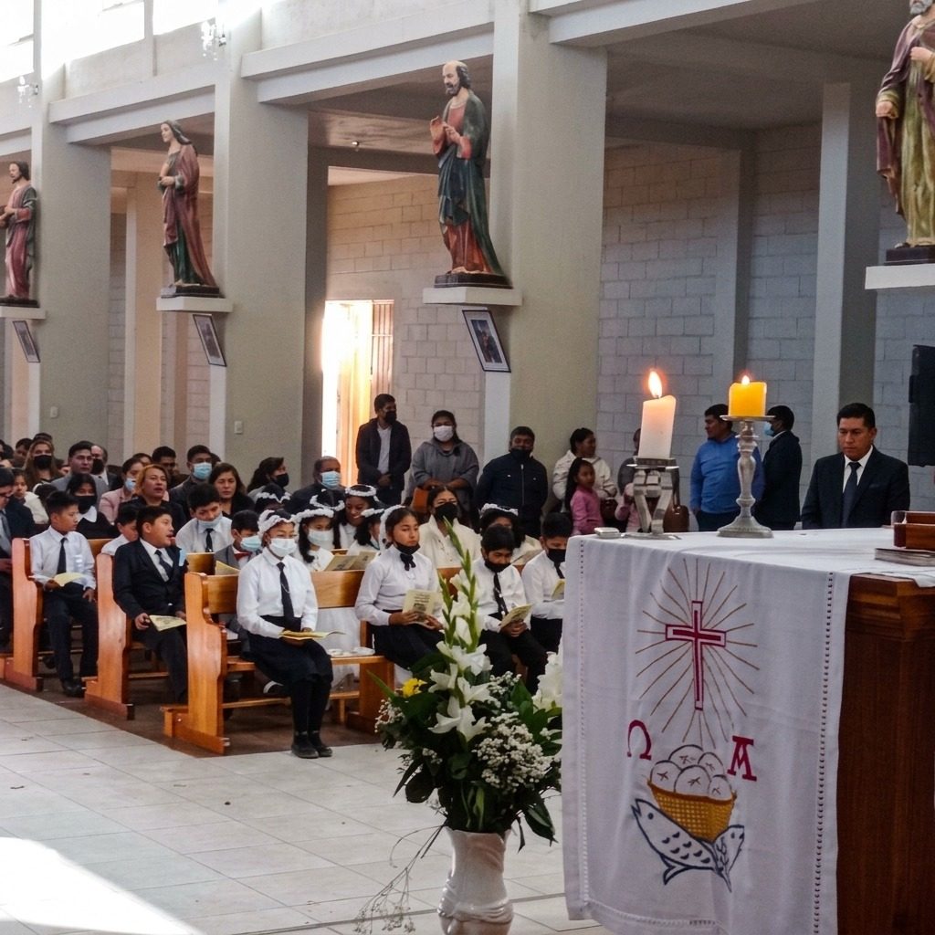 Niños y familias durante una celebración litúrgica